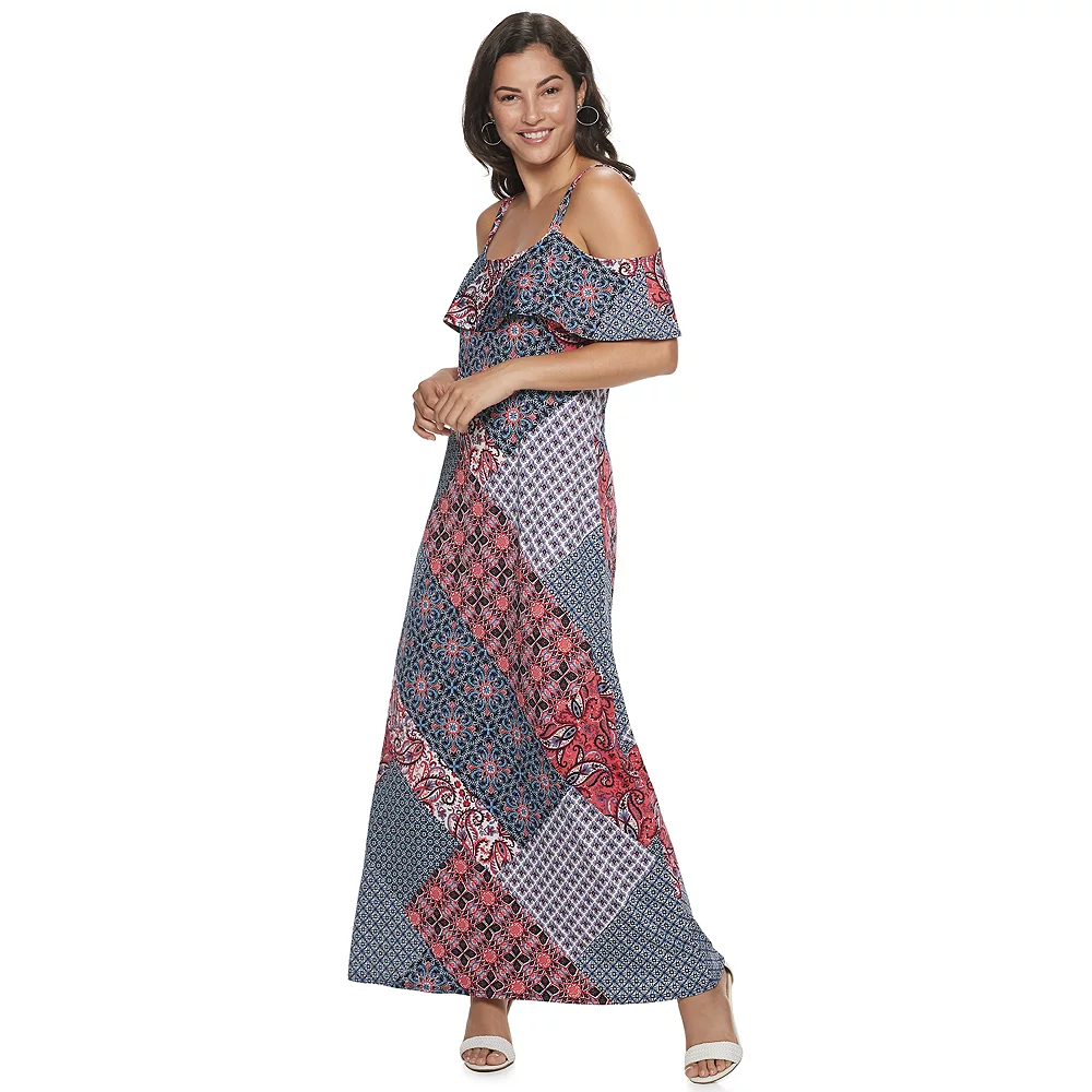 Women's Nina Leonard Print Cold-Shoulder Maxi Dress