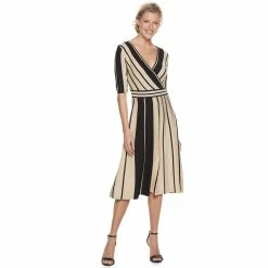 Women's Nina Leonard Surplice Striped Fit & Flare Sweater Dress