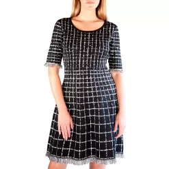 Women's Nina Leonard Plaid Knit Fit & Flair Sweater Dress with Fringe