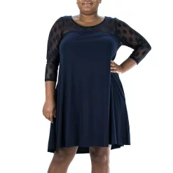 Plus Size Nina Leonard Dot-Mesh Yoke Swing Dress
