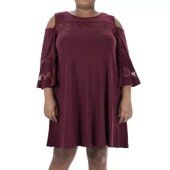 Plus Size Nina Leonard Mesh Yoke Cold-Shoulder Swing Dress