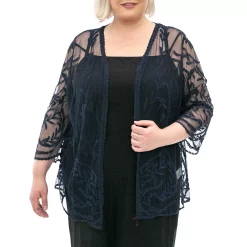 Plus Size Nina Leonard Embroidered Mesh Floral Bolero