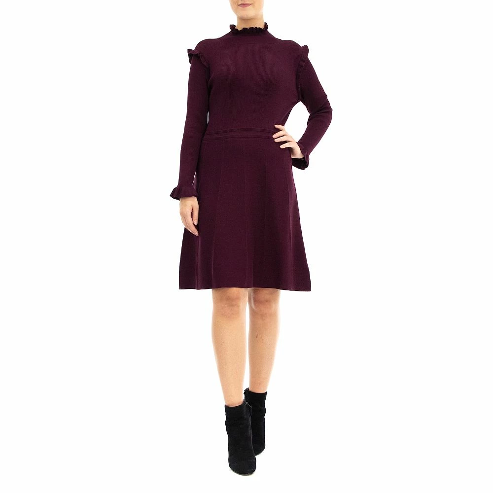 Women's Nina Leonard Long Sleeve High Ruffle Neck Fit & Flare Dress - Image 2