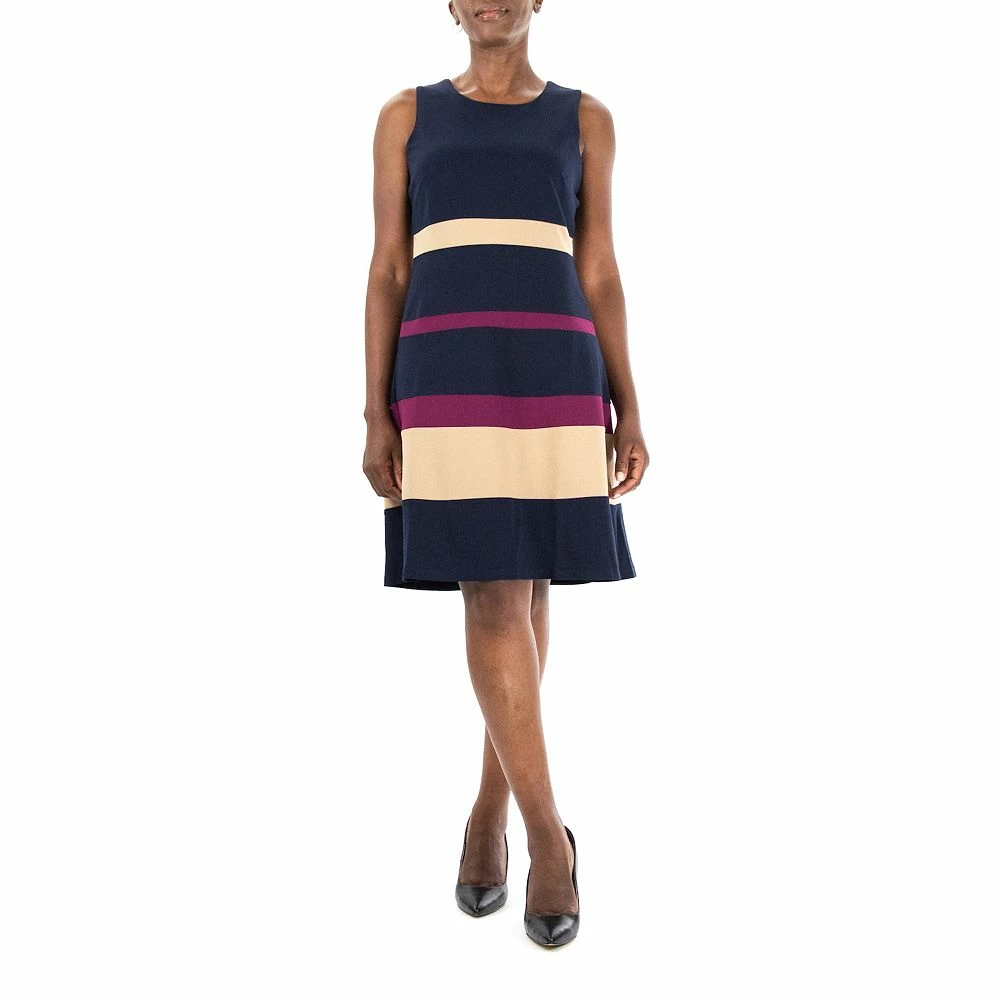 Women's Nina Leonard Sleeveless Jewelneck Colorblock Dress