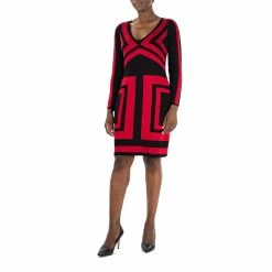 Women's Nina Leonard V-Neck Long Sleeve Sheath Sweater Dress
