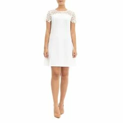 Women's Nina Leonard Lace-Yoke Cap Sleeve A-Line Dress